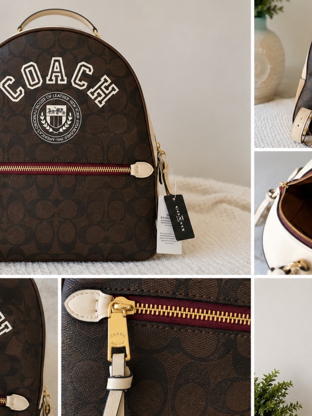 Coach Brown Signature Canvas Backpack with Cream Trim and Burgundy Zip